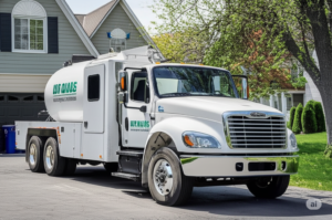 Septic and sewage company truck parked on a residential street