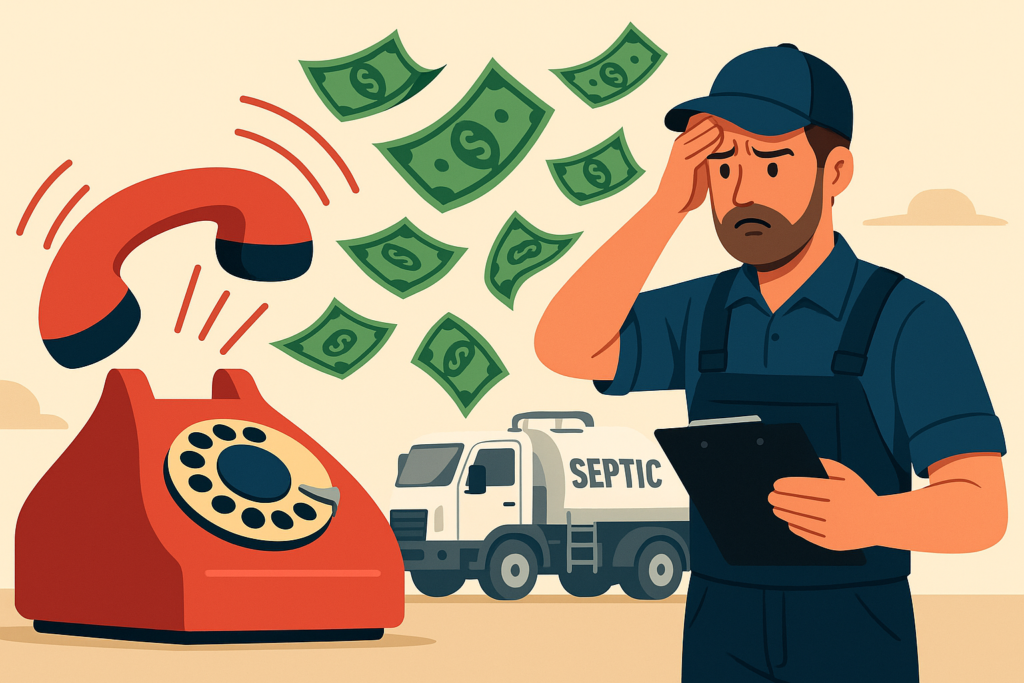 A worried septic company worker stands beside a septic service truck, watching as a ringing phone and flying dollar bills show the cost of missed calls.